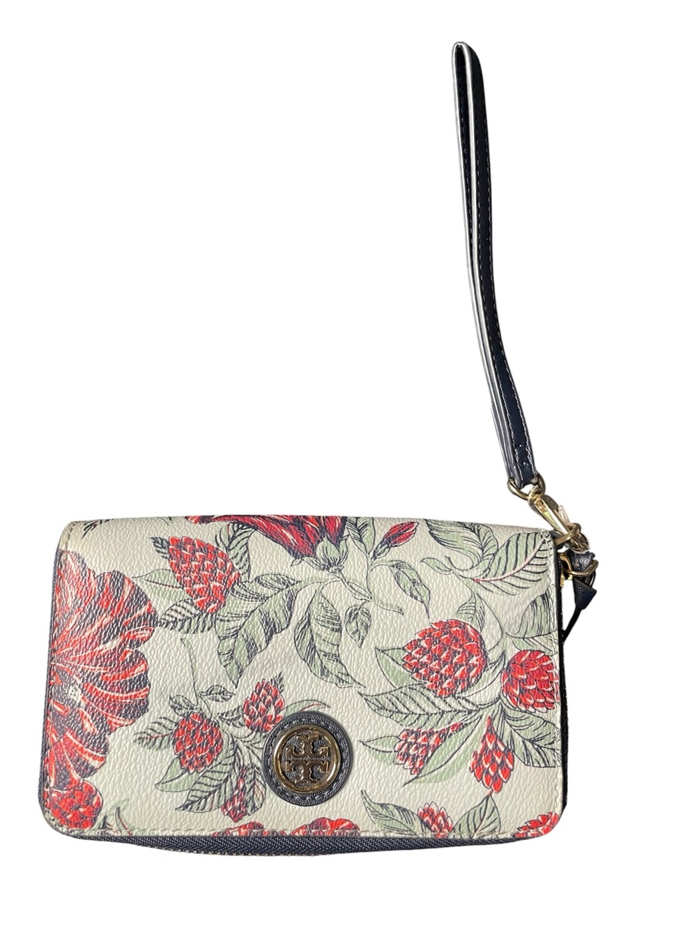 Tory Burch Cream Floral Leather Wristlet with Red Print - Picture 1 of 8